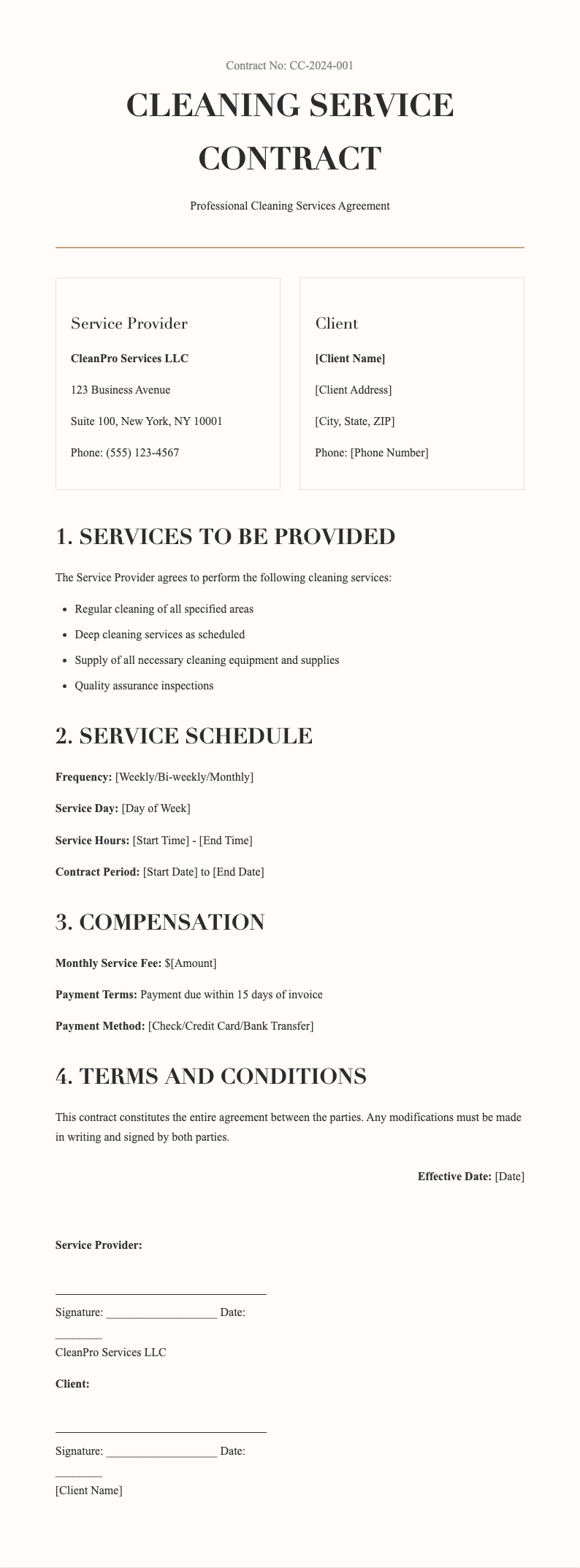 Elegant sophisticated cleaning contract